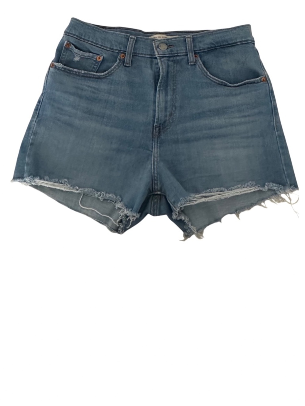 Levis Jean Denim Shorts Sz 30 US 10 Distress Frayed Light Wash High Rise Cut Off - Picture 2 of 5